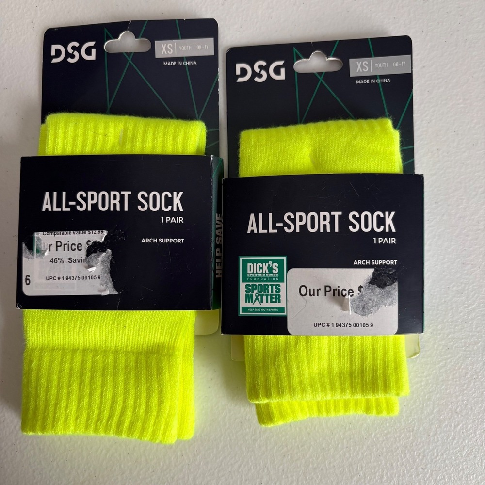 DSG All-Sport Socks Youth XS Neon Yellow Volt Arch Support‎ 2 Pairs NWT